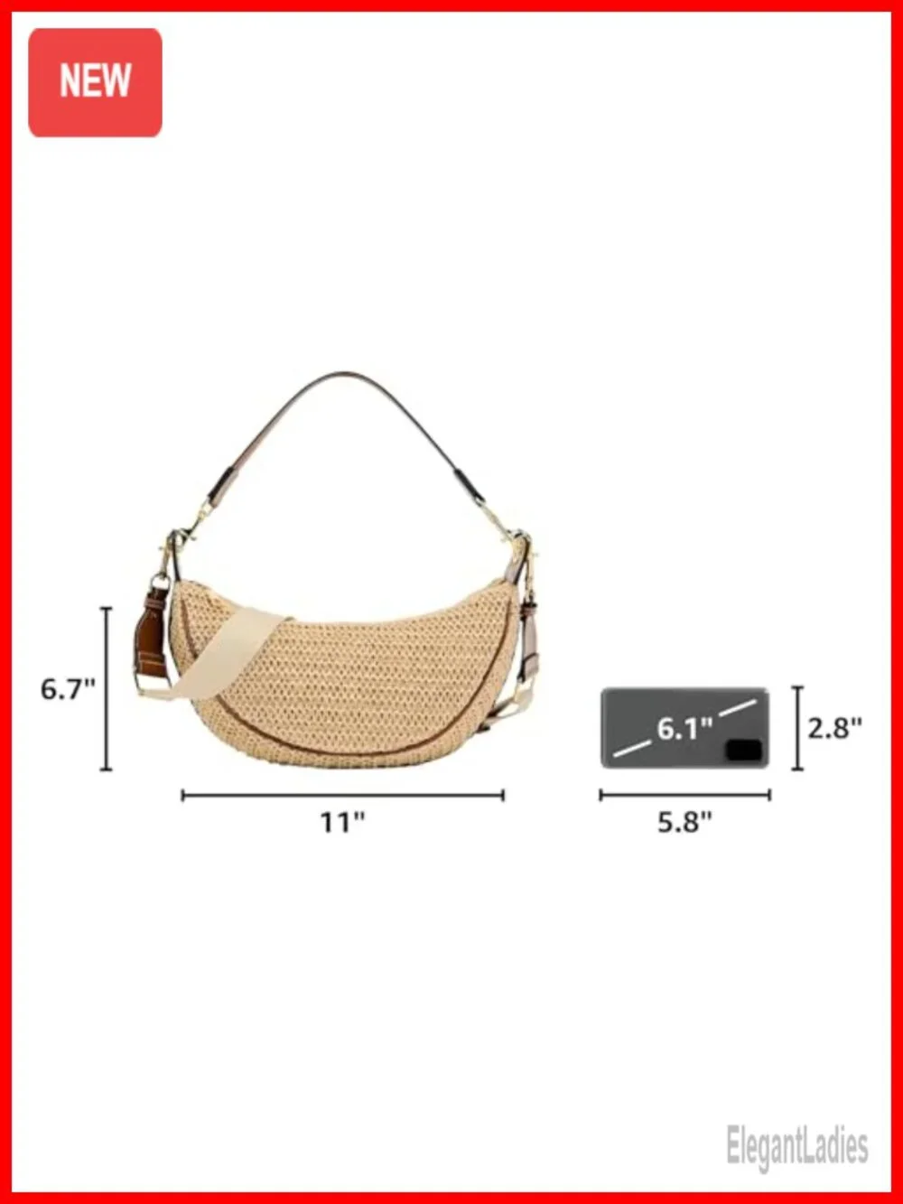 Straw Crossbody Hobo Bag with Adjustable Strap Beach Summer Crescent Purse